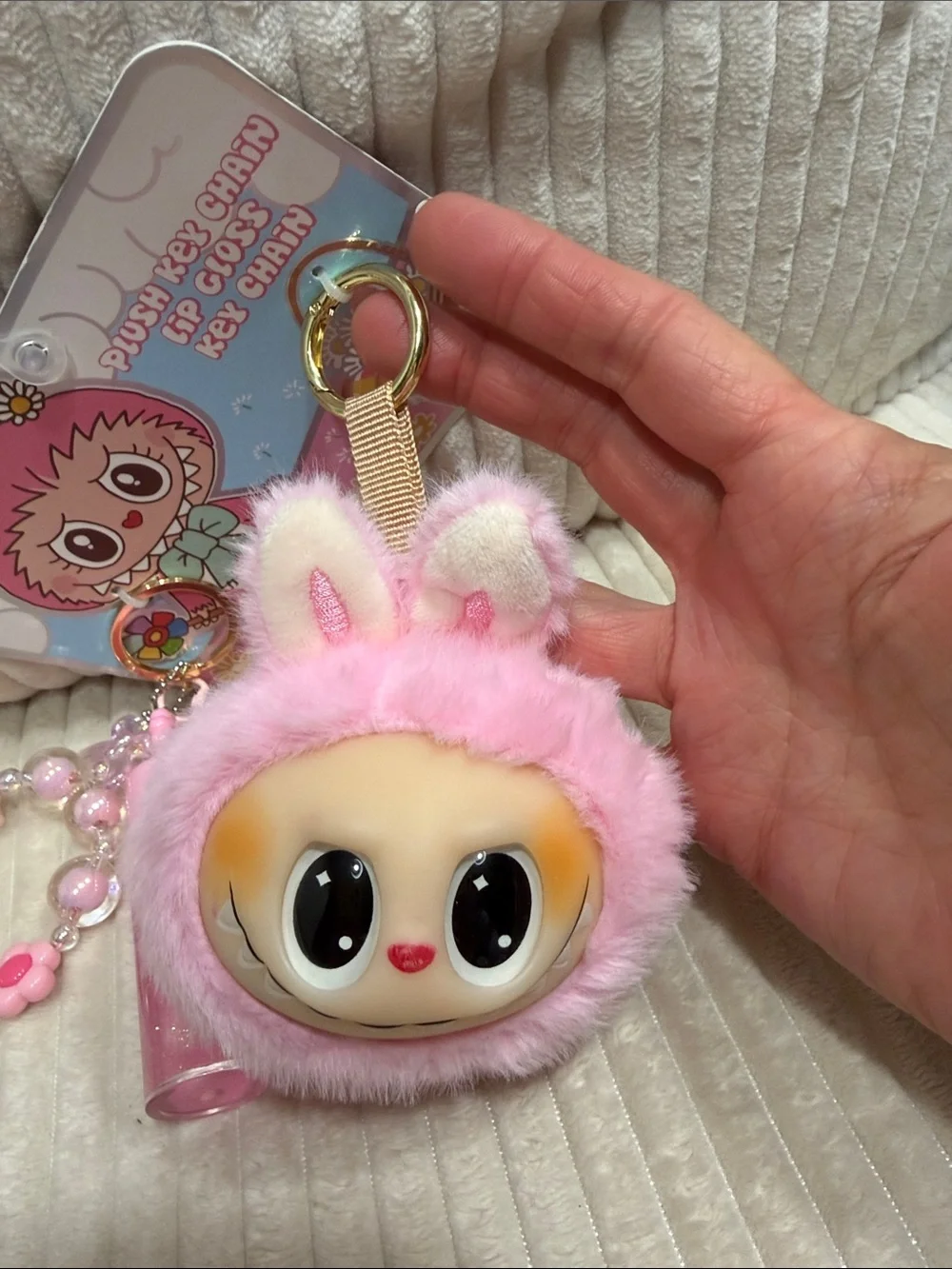 Cute Pink Plush Bunny Keychain & Blingy Lip Gloss Keychain Set. New.